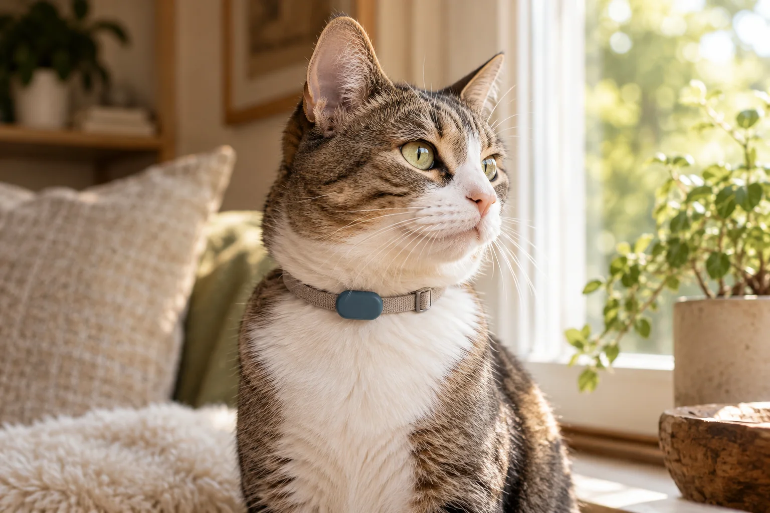 Gato con identificación pasante colocada en su collar